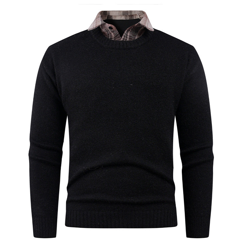 Men's Fine Crew Neck Sweater with Integrated Shirt Collar Lune London