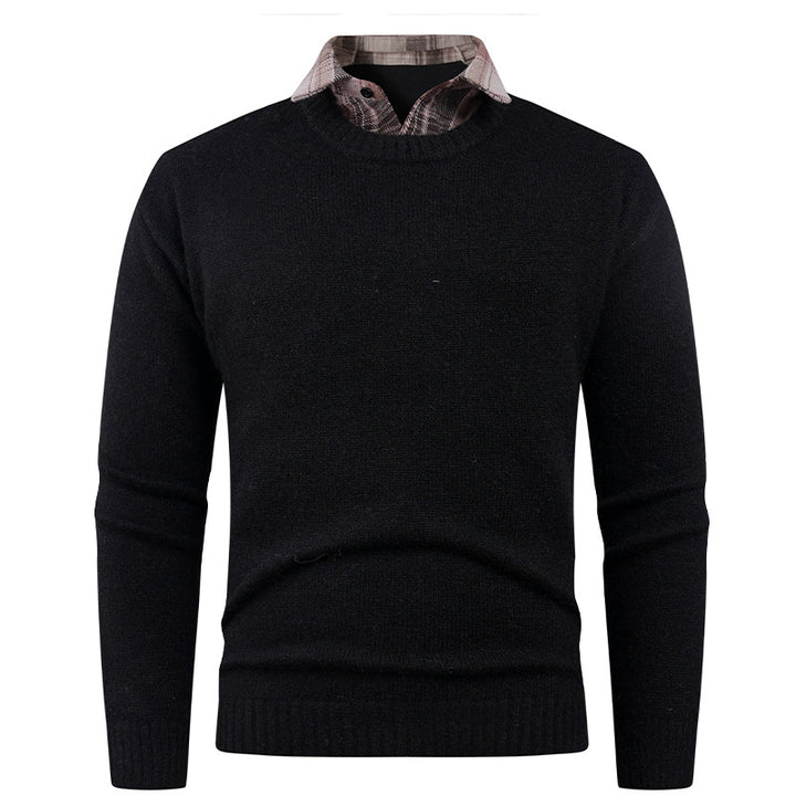 Men's Fine Crew Neck Sweater with Integrated Shirt Collar Lune London