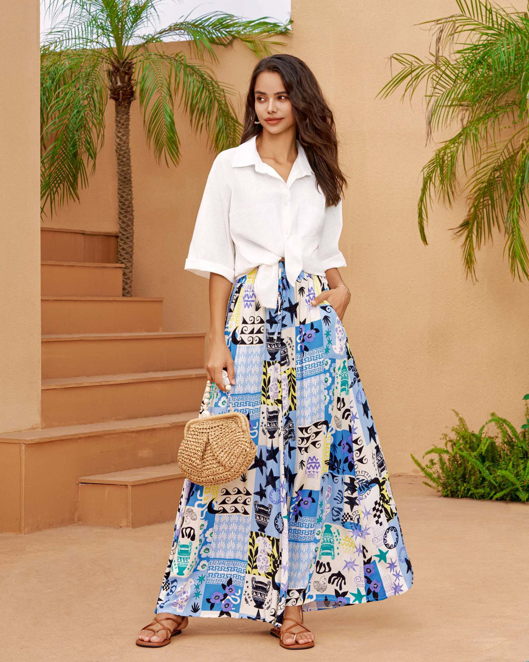 Women's maxi skirt with unique graphic pattern and elastic waistband Lune London