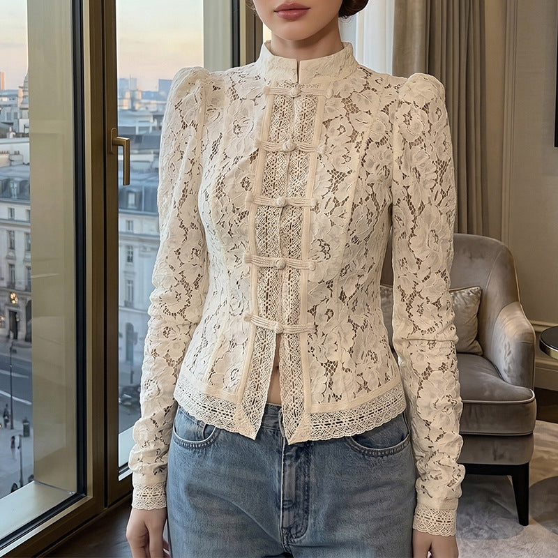 Women's lace blouse with textured details and elegant stand-up collar Lune London