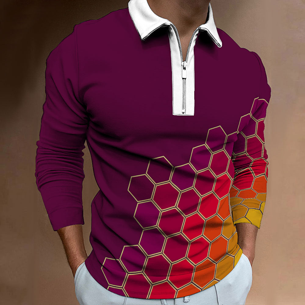Men's polo shirt with a modern honeycomb pattern and a contrasting zipper Lune London