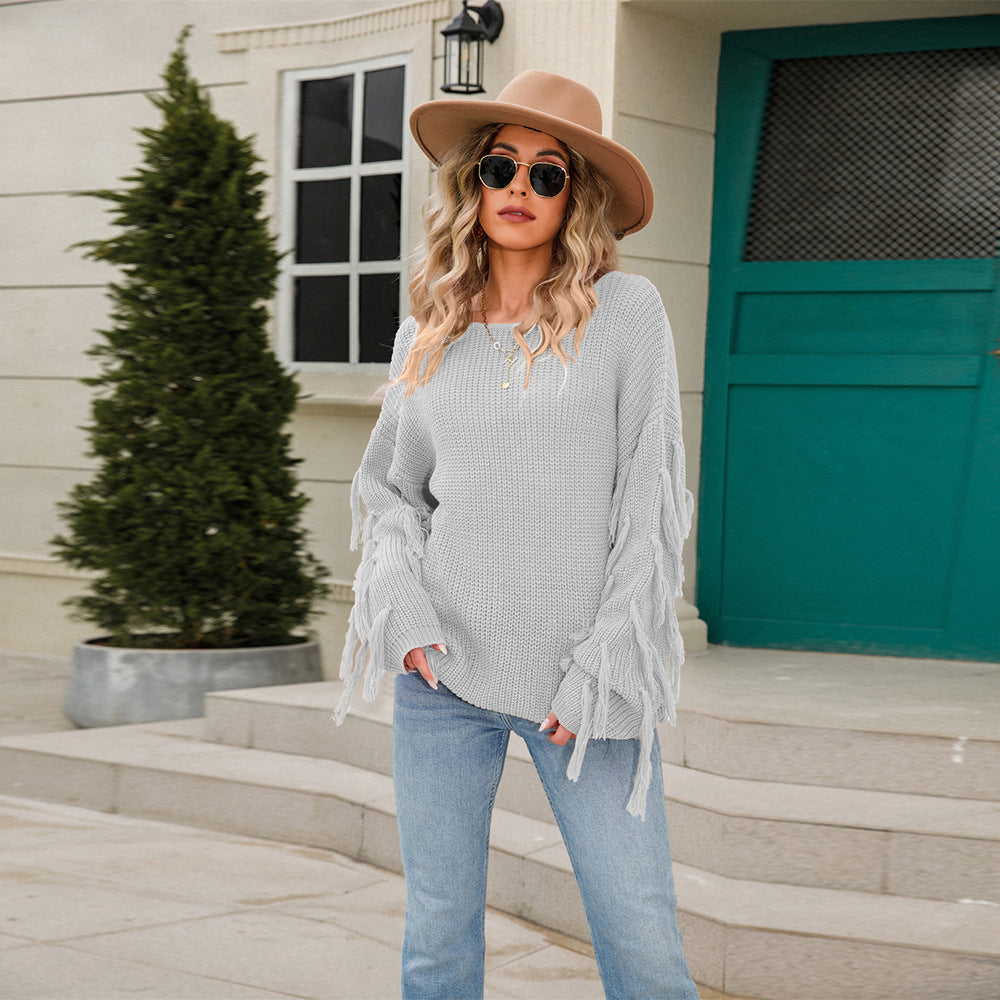 Pull tricoté décontracté pour femmes avec franges et coupe large Chic & Stil