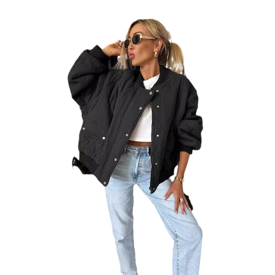 Ladies oversized casual quilted jacket with ribbed knit details Lune London