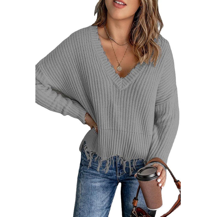 Women Casual Knit Sweater with V-neck and Fringed Hem Lune London