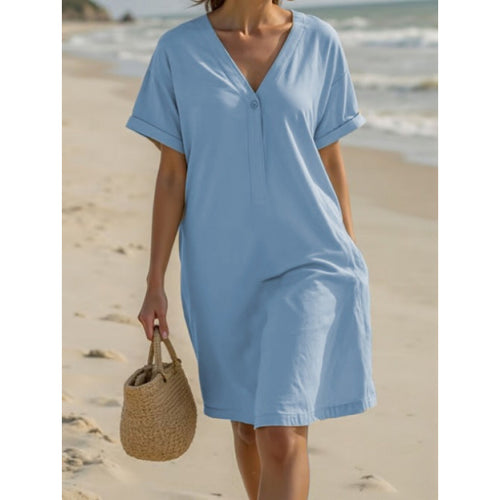 Ladies lightweight summer dress with rolled-up sleeves and a practical button placket Lune London