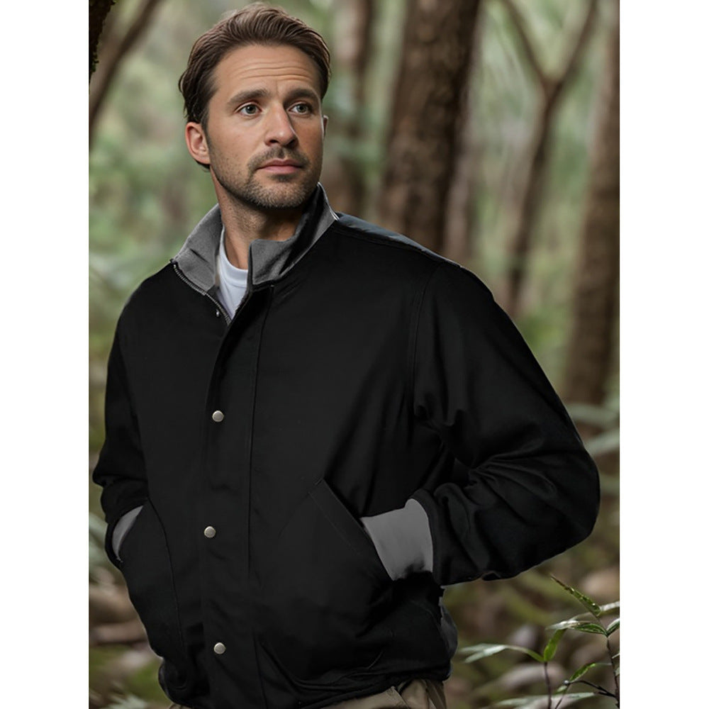 Transition jacket for men with high collar and practical pockets Lune London