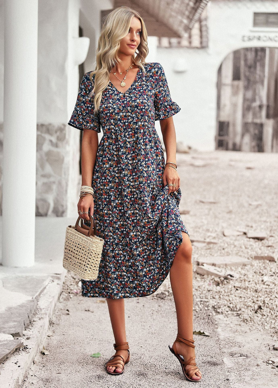 Women's Midi Dress with Floral Pattern and Playful V-Neck Lune London