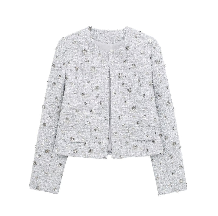 Lune London elegant tweed jacket for women with sparkling sequins and a textured design