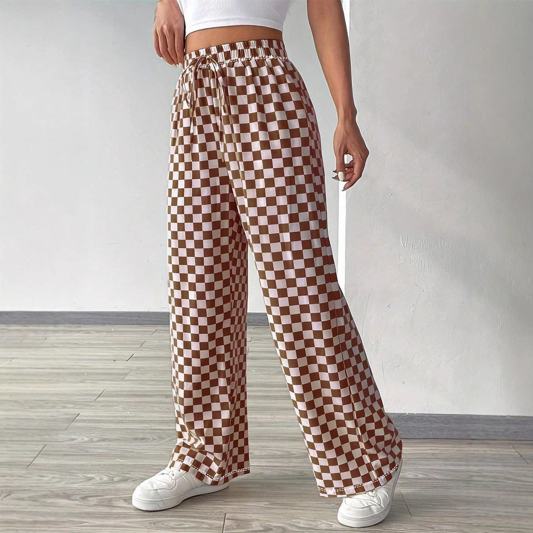 Lune London | Women's Wide Casual Pants with Checkered Pattern and Elastic Waistband