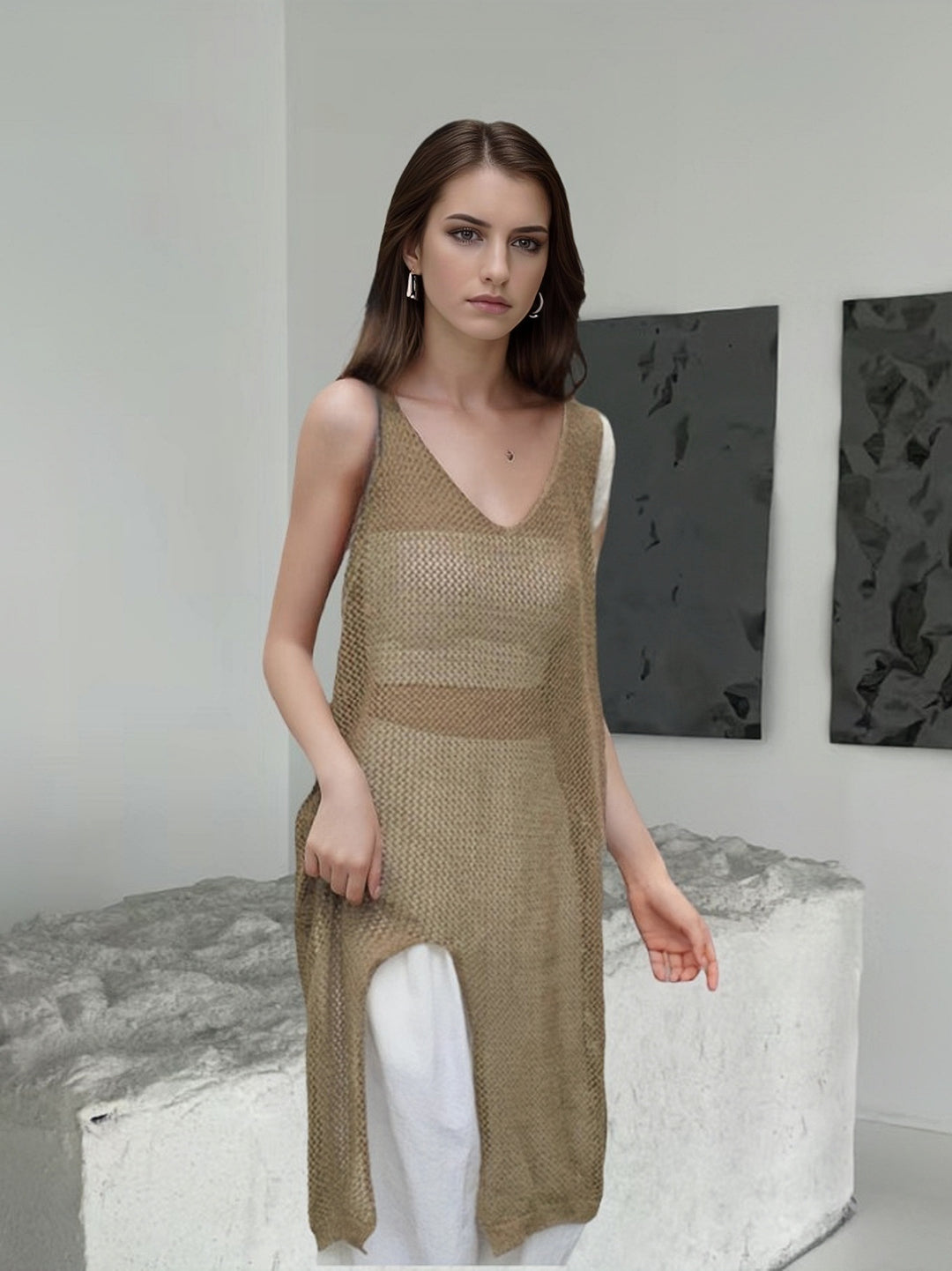 Airy knit dress for women with side slits and modern V-neck Lune London