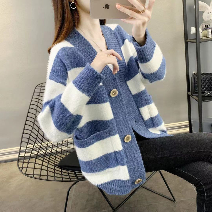 Thick knitted cardigan for women with Breton stripes and practical pockets Lune London