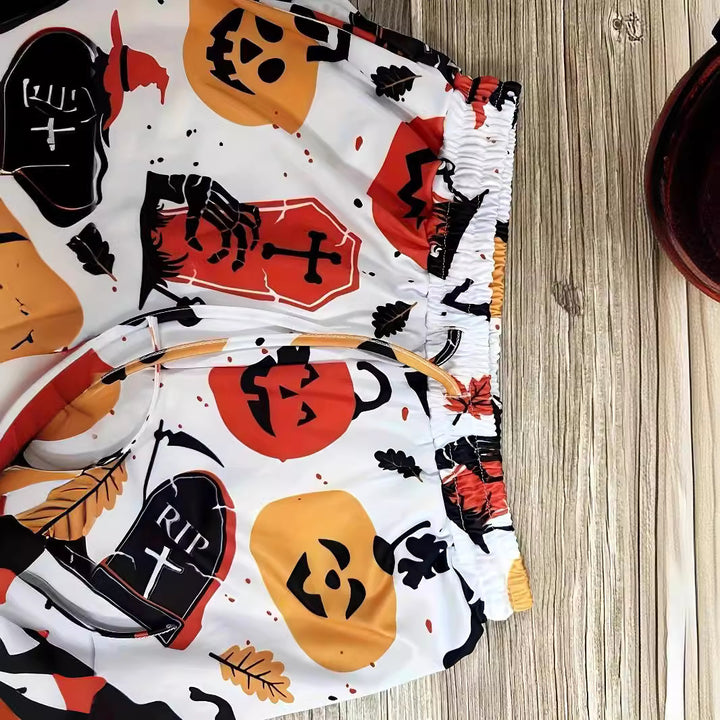 Casual pants for women with colorful Halloween pattern and elastic waistband Lune London