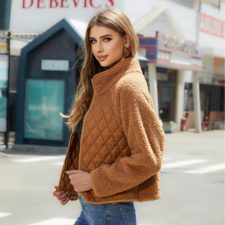 Women Quilted Cozy Jacket with Soft Collar and Contrasting Sleeves Lune London