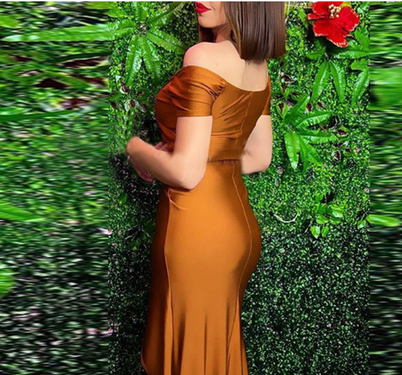Ladies elegant maxi dress with asymmetric cut and shimmering effect Lune London