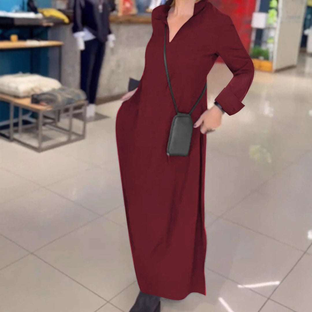 Maxi dress for women with a practical V-neckline and pockets Lune London