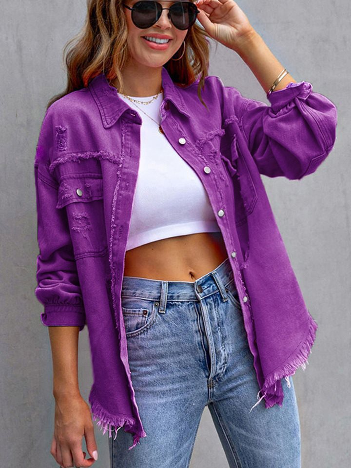 Oversized denim jacket for women with frayed edges and patch pockets Lune London