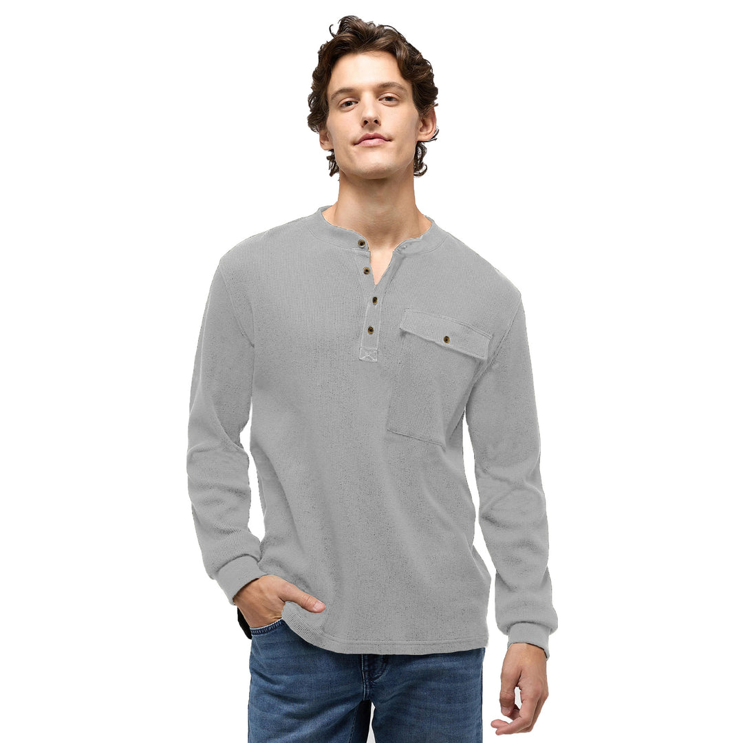 Men's long sleeve Henley shirt with structured design and practical chest pocket Lune London