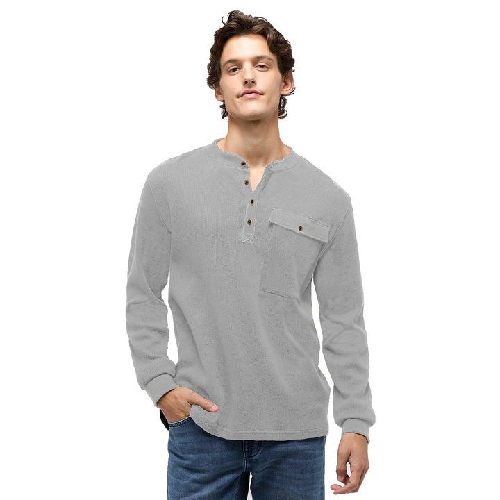 Men's long sleeve Henley shirt with structured design and practical chest pocket Lune London