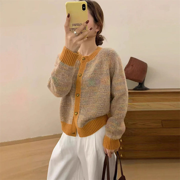 Ladies cozy knitted pullover with heart-shaped buttons and contrast ribbed details Lune London