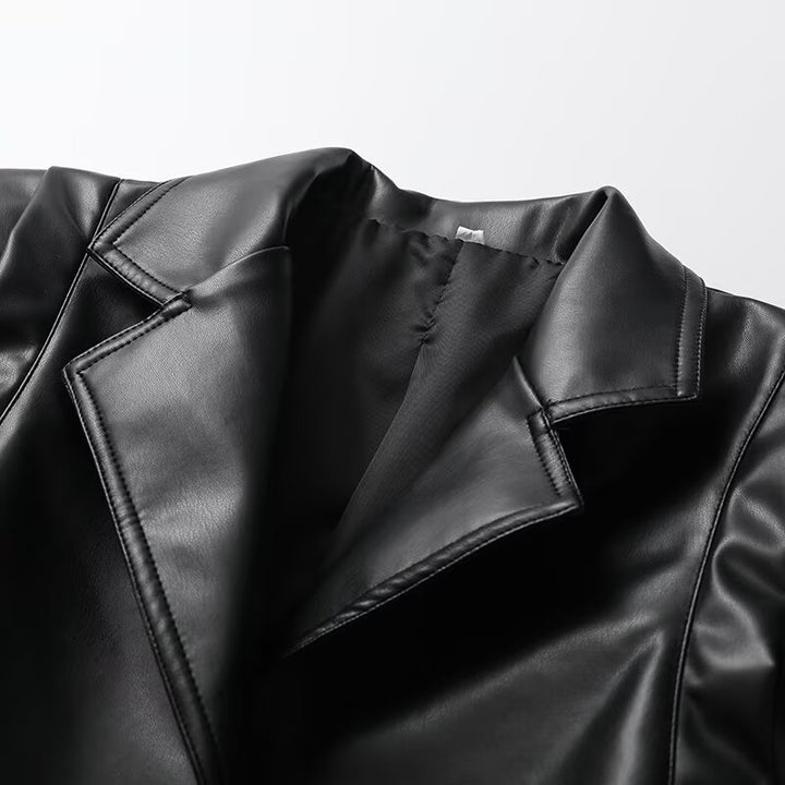 Ladies elegant faux leather jacket with innovative belt Lune London