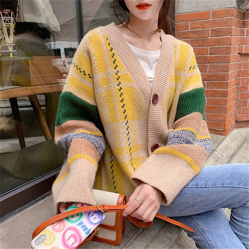 Ladies oversized knitted sweater with colorful checked pattern and large wooden buttons Lune London