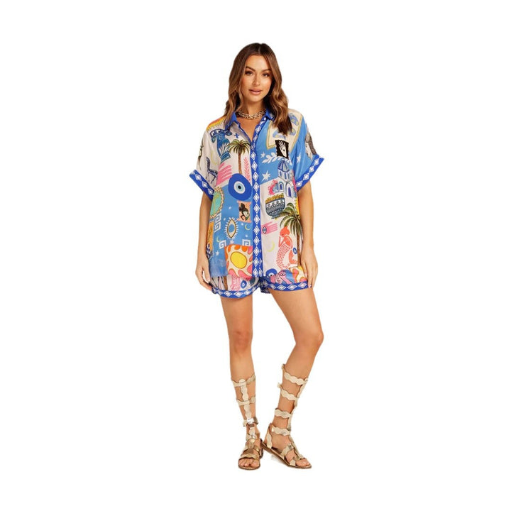 Women's set made of lightweight, printed short-sleeve shirt and shorts with colorful design Lune London