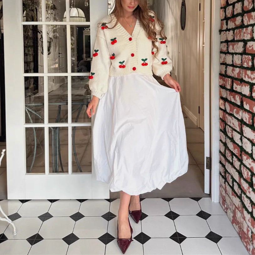 Ladies knit cardigan with strawberry appliqués Lune London