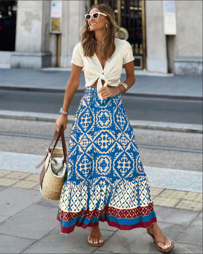 Maxi skirt for women with playful ethnic design and voluminous hem Lune London