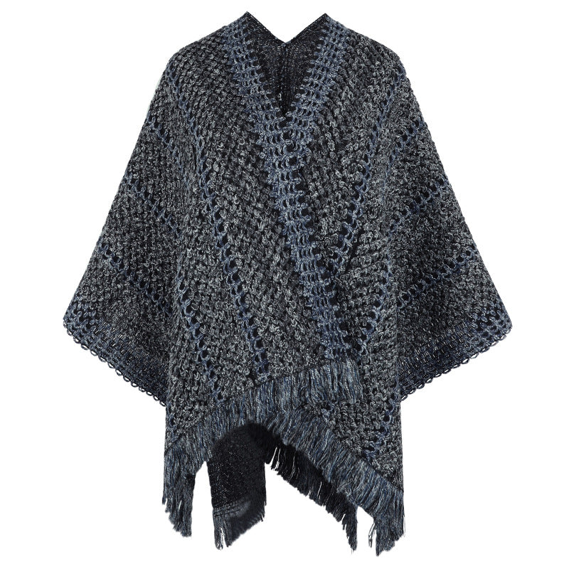 Knit poncho for women with V-neck and fringes Lune London