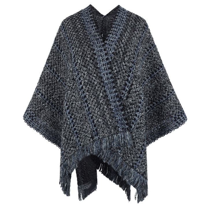 Knit poncho for women with V-neck and fringes Lune London