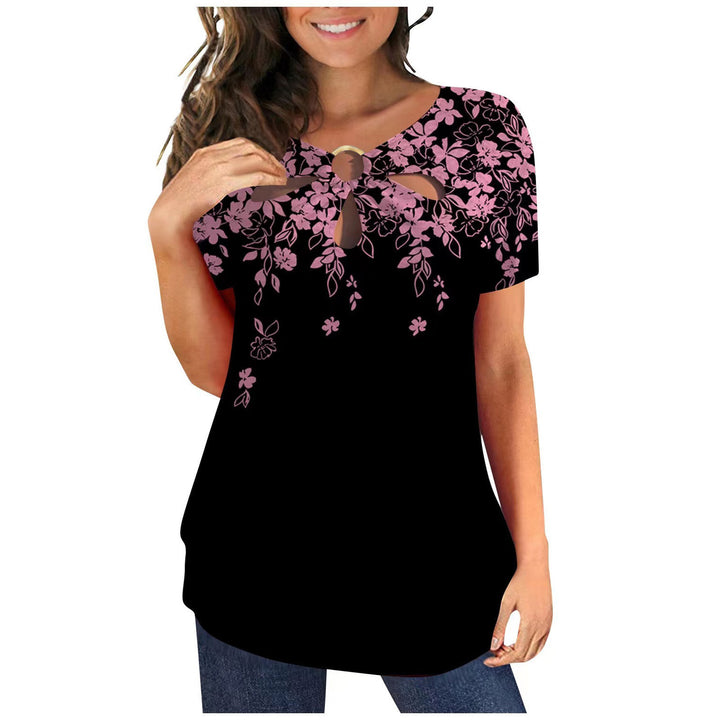 Women's elegant top with floral cut-out design and shiny ring insert Lune London