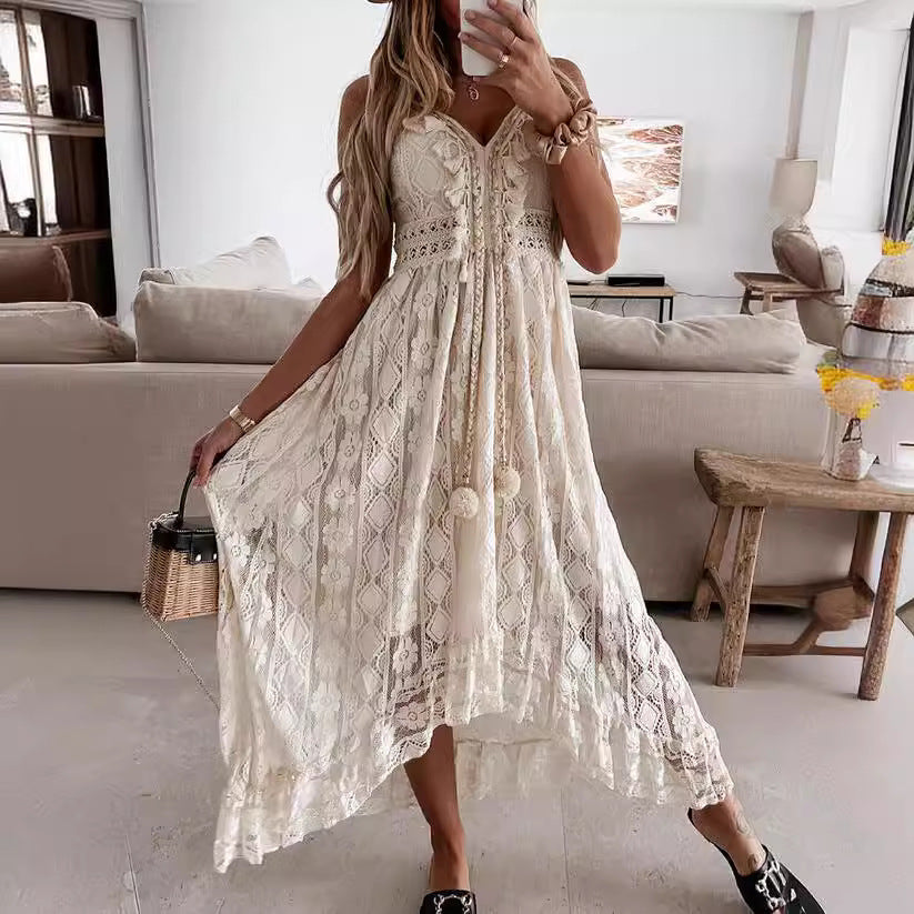 Maxi dress for women with a delicate lace pattern and playful details Lune London