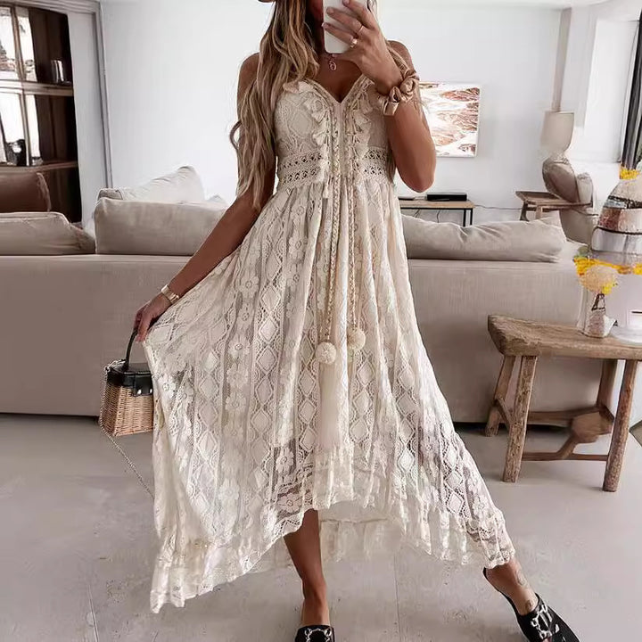 Maxi dress for women with a delicate lace pattern and playful details Lune London