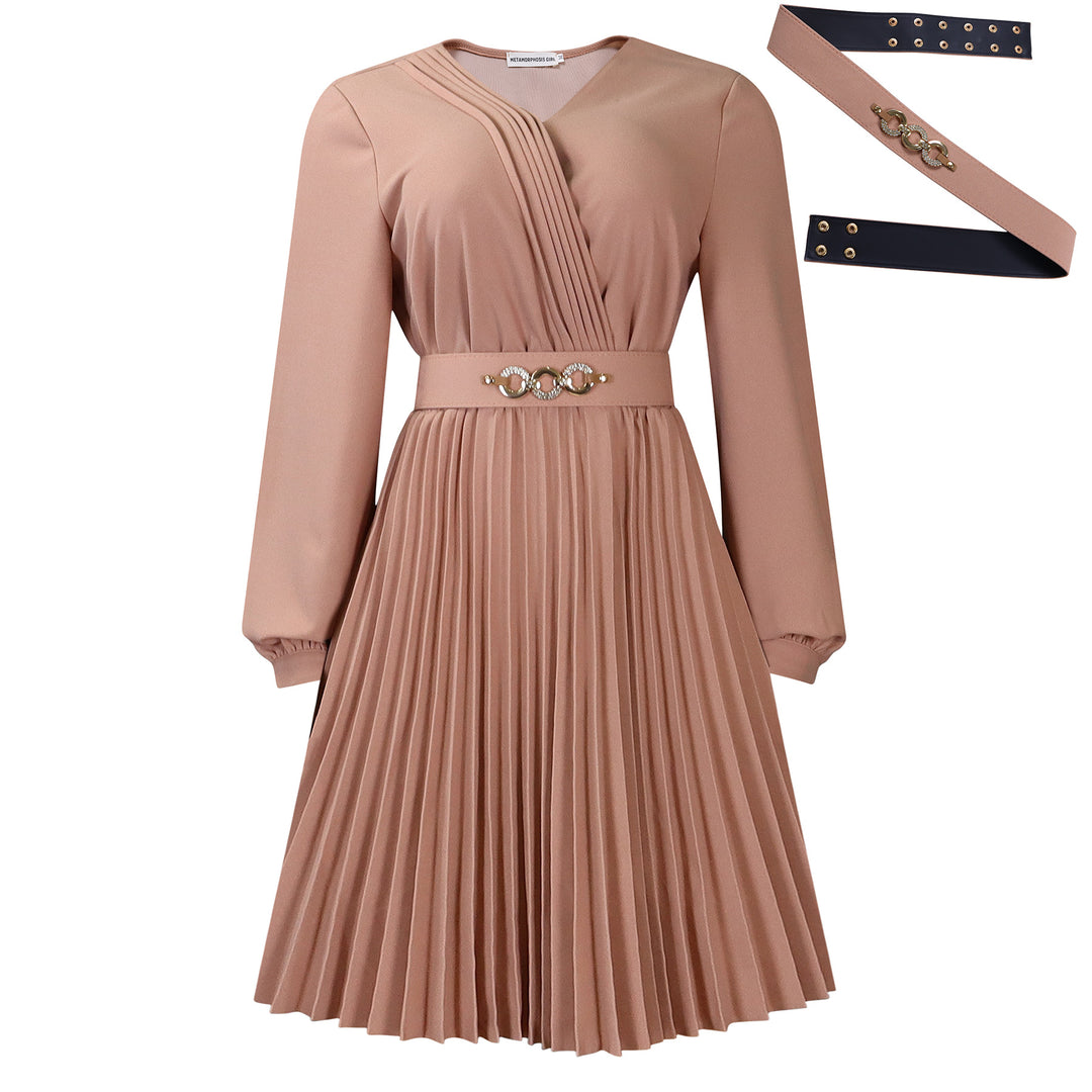 Pleated wrap dress for women with belt and elegant brooch Lune London