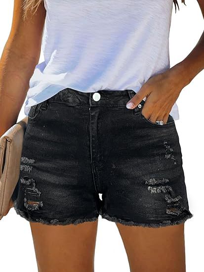 Women Destroyed Denim Shorts with Frayed Hems and Casual Fit Lune London