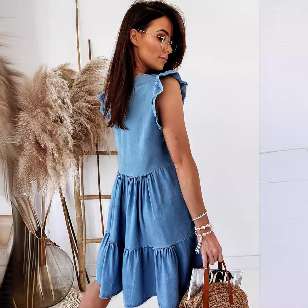 Casual cotton dress for women with voluminous ruffle details and an A-line cut Chic & Stil