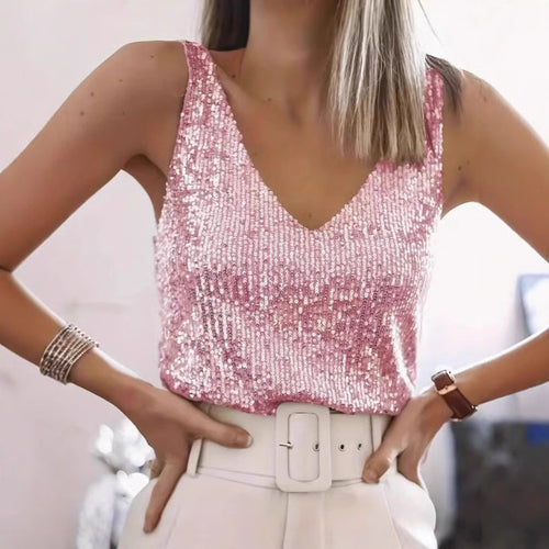 Ladies Sequin V Tank Top Lune London