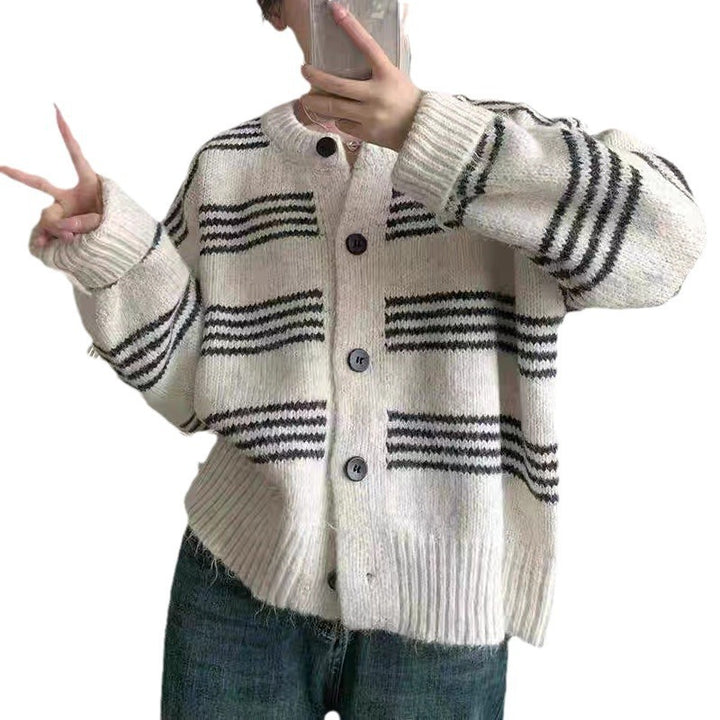Fashionable knit jacket for women with a fine striped texture and decorative buttons Lune London