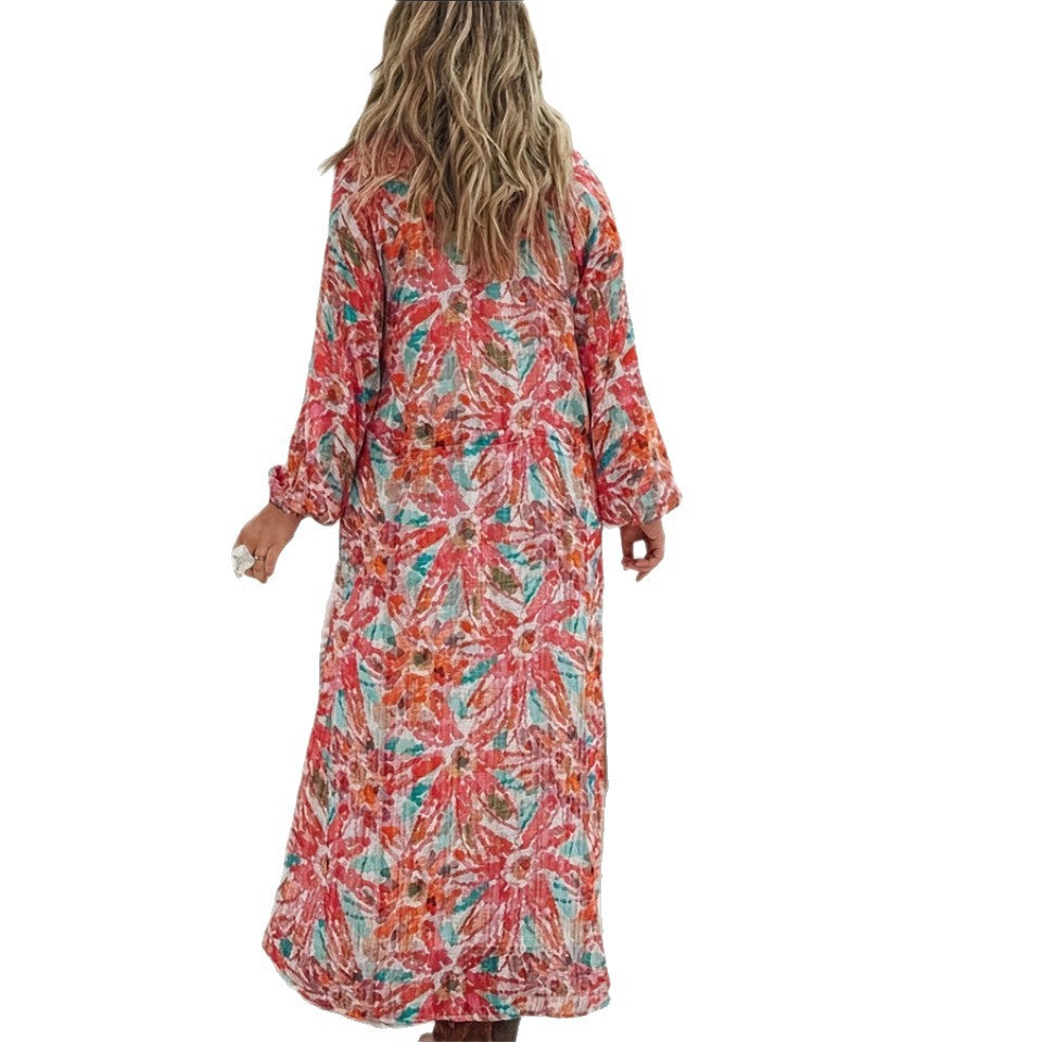Maxi dresses for women with a colorful floral print and a slight V-neck Lune London