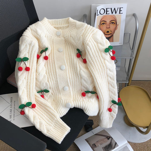 Women's chunky knit sweater with floral appliqués and button details Lune London