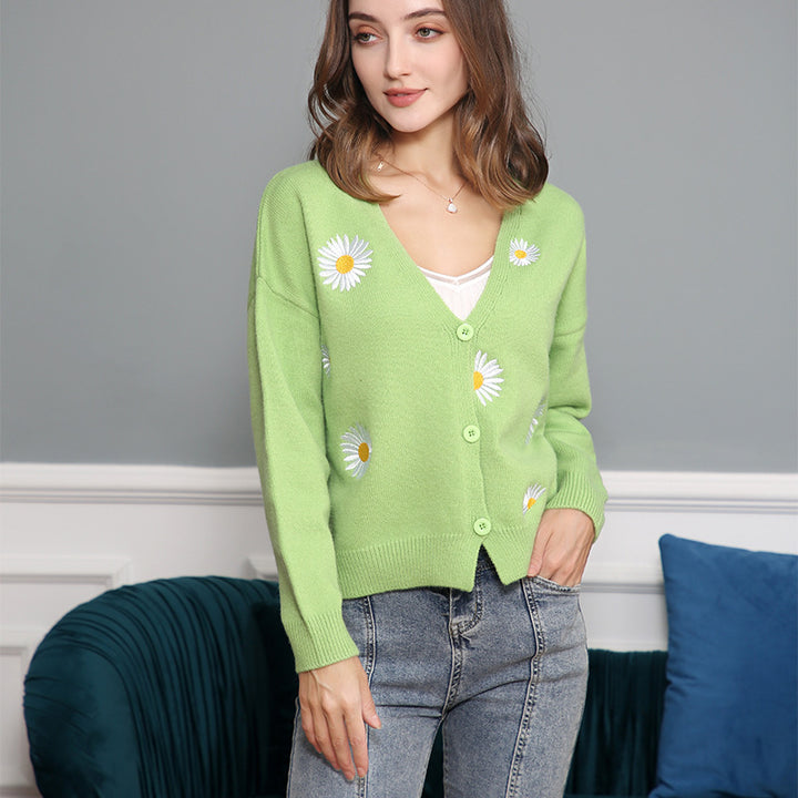 Knit jacket for women with floral pattern and V-neck Lune London