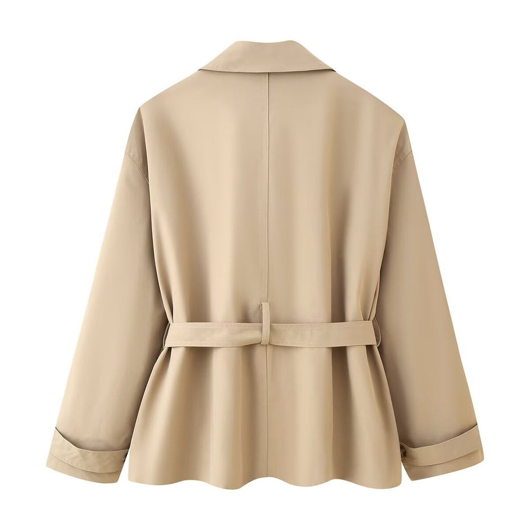 Fashionable women's transitional jacket with belt at the waist and functional buttons Lune London