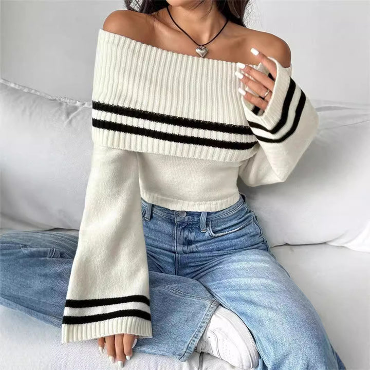 Ladies Off-Shoulder Crop Pullover with Casual Chic Stripes and Style