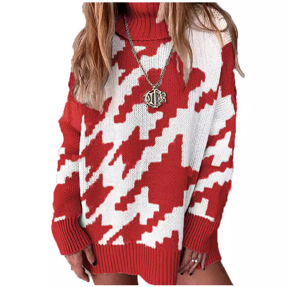 Thick knit sweater for women with a high collar and modern geometric pattern Lune London