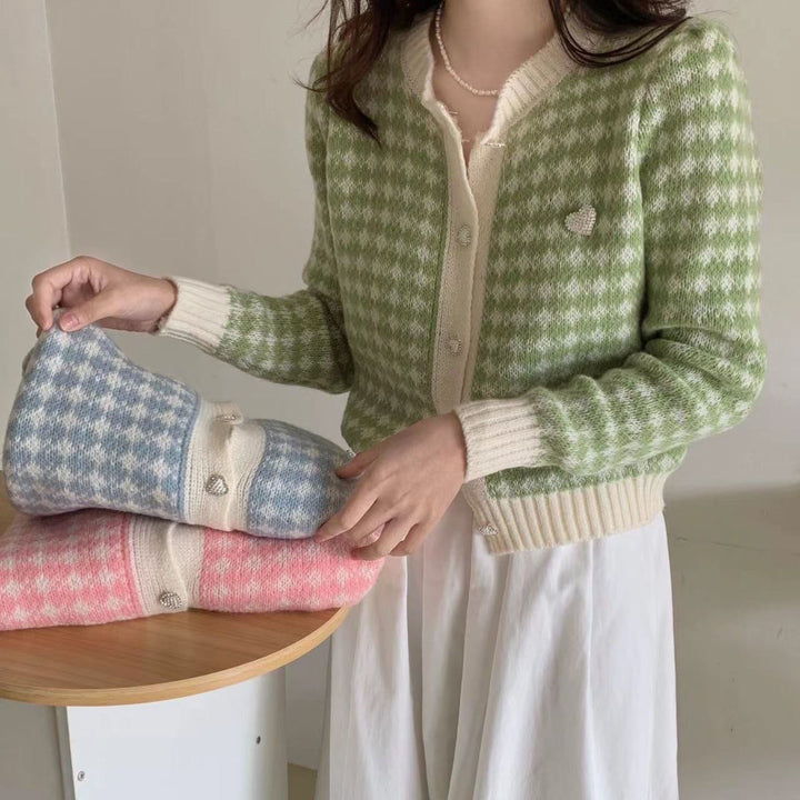 Ladies buttoned tartan knit pullovers Lune London