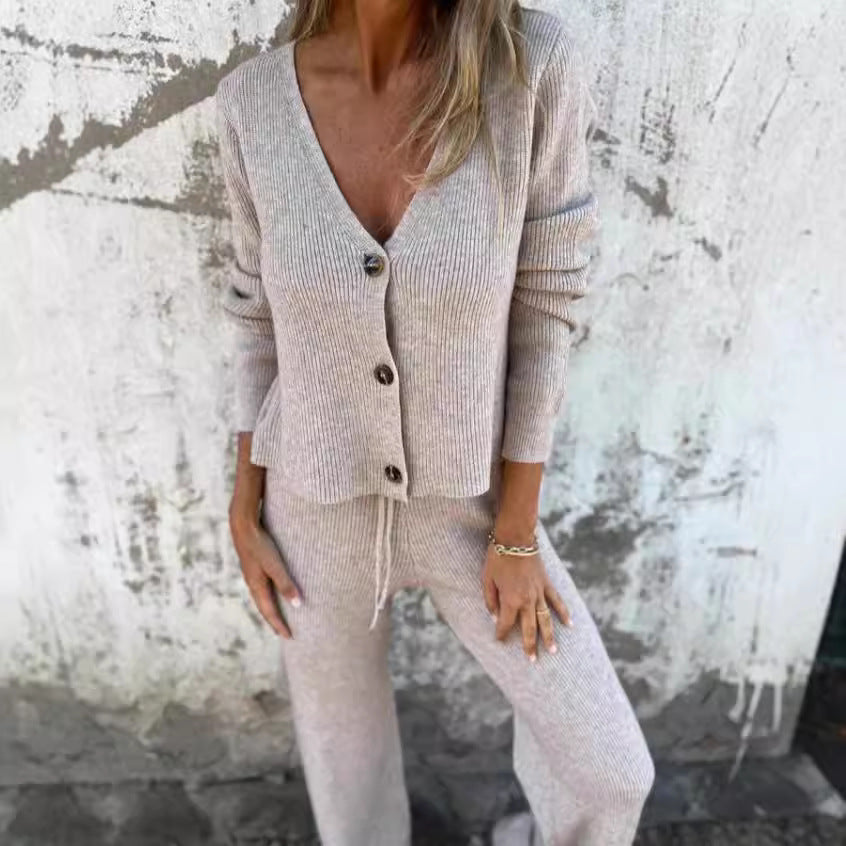 Knit set for women with V-neck and button details Lune London