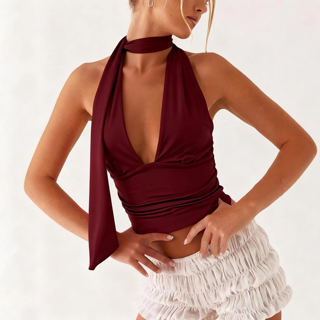 Women's halter top with deep neckline and gathering Lune London