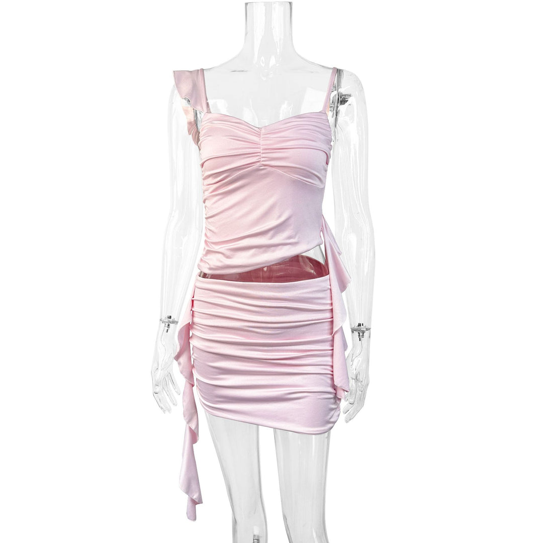 Women Ruffled Mini Dress with Adjustable Spaghetti Straps and Body-Shaping Cut Lune London
