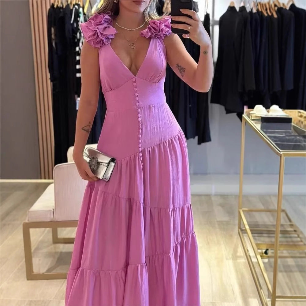 Maxi dress for women with a floating ruffle design and an elegant V neck Lune London