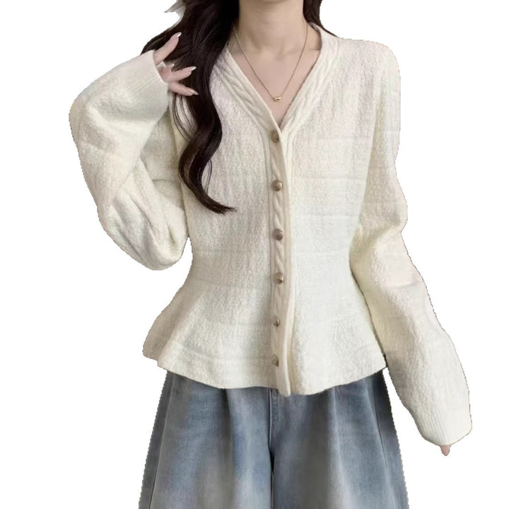 Ladies elegant cardigan with textured design and feminine puff sleeves Lune London